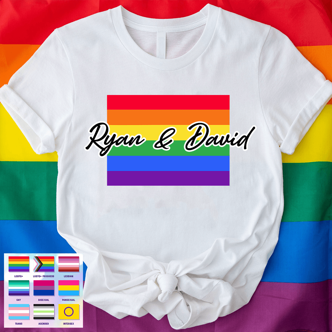 Custom Photo Love Is Love Pride Flag LGBT Couple | Personalized Gift For Pride Month, Valentine, Anniversary, Husband Wife, Girlfriend, Boyfriend, Her/Him, Family | T-shirts
