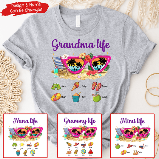 Grandma Life Sunglasses Beach Vibes Summer Vacation - Personalized Custom T Shirt - Gift for Grandma/Nana/Mimi, Mom, Wife, Grandparent
