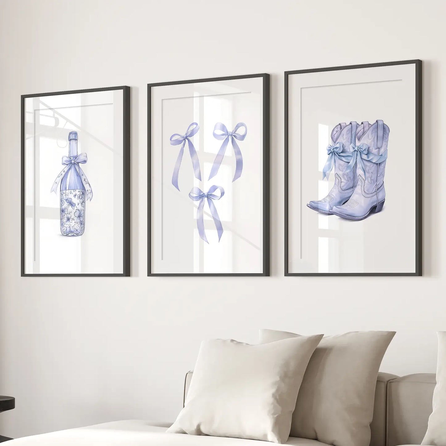 Trendy Blue Bows Girly Wall Art Set of 3 Print