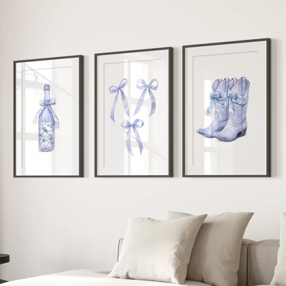 Trendy Blue Bows Girly Wall Art Set of 3 Print