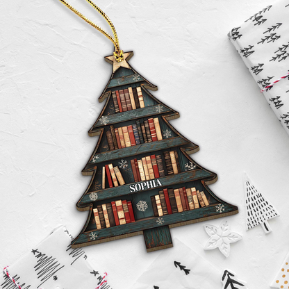 Custom Name Christmas Book Tree - Personalized Wood Ornament - Christmas Gift For Book Lovers, Librarian