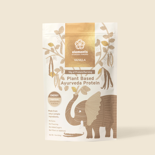 Package of plant-based Ayurveda protein powder with an elephant illustration on a beige background