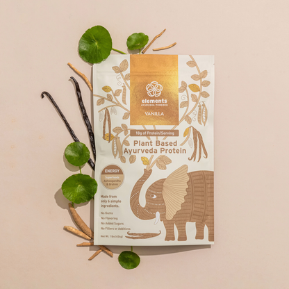 Vanilla plant-based ayurveda protein package with vanilla beans and leaves on a beige background