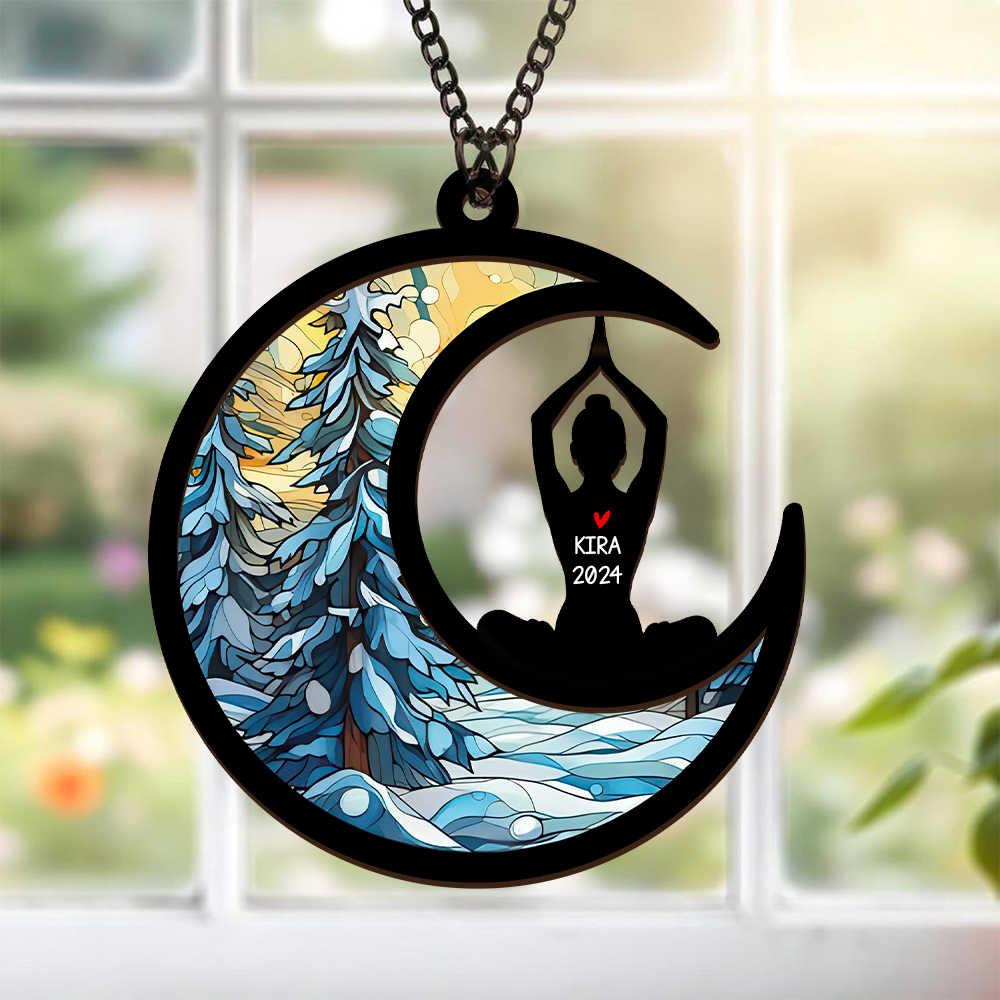 Christmas Namaste Yoga - Personalized Window Hanging Suncatcher Ornament - Gift For Women, Yoga Lovers, Mental Health Gifts