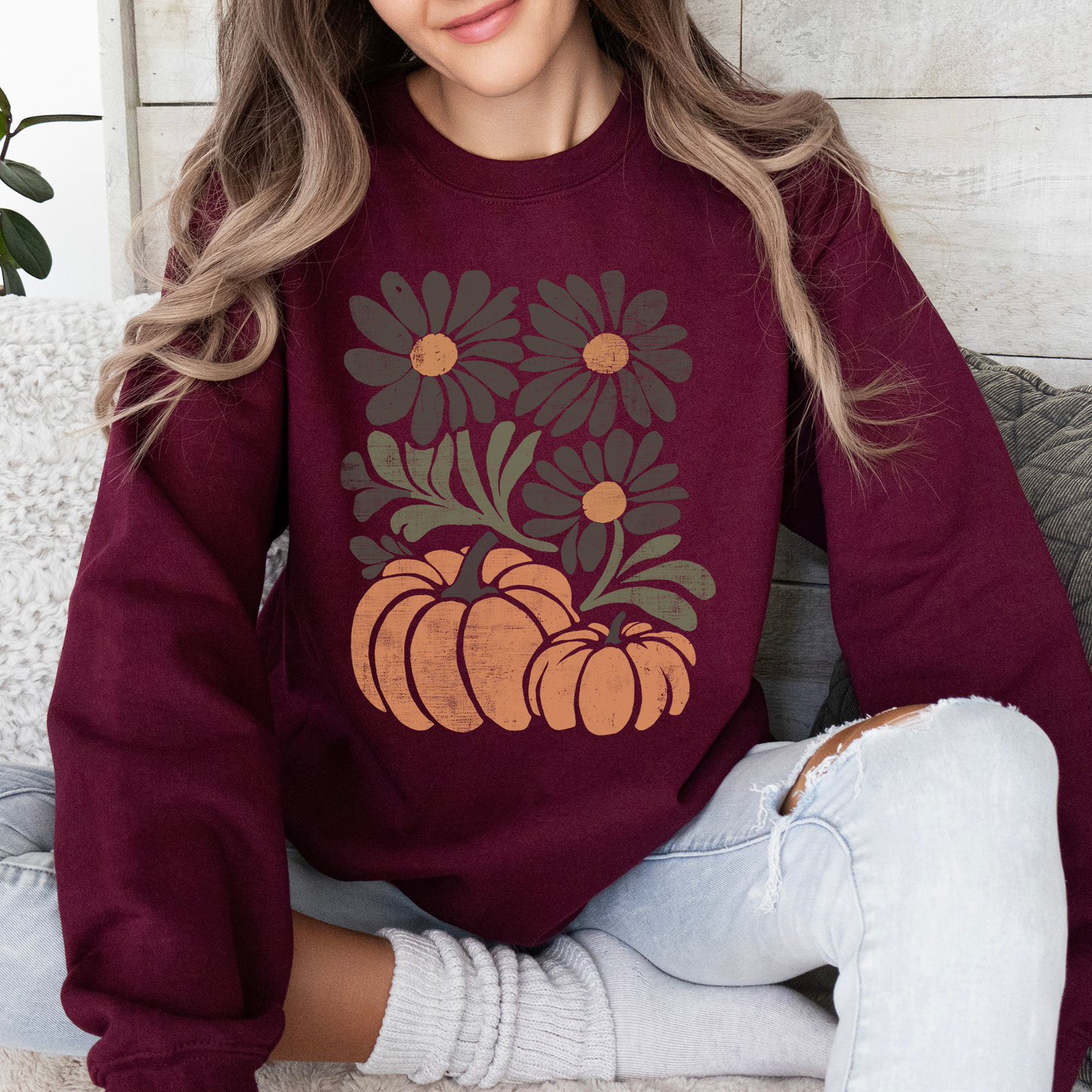 Pumpkins and Flowers, Watercolor, Halloween, Beautiful, Autumn, Fall Sweatshirt