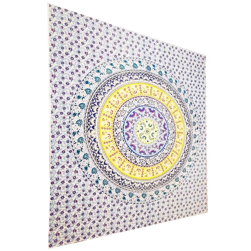 Colorful circular patterned fabric with a white background