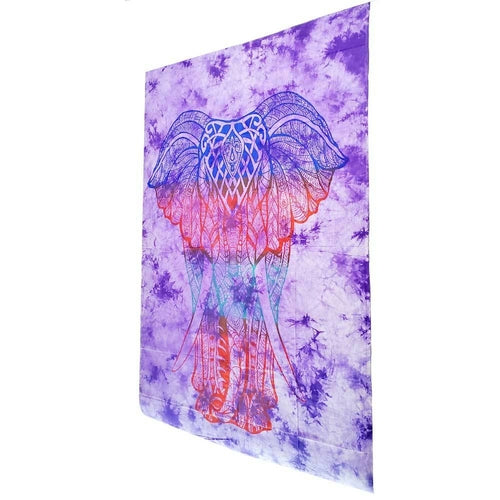 Colorful elephant design on a tie-dye background