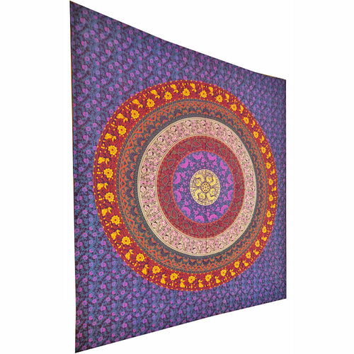 Colorful mandala tapestry with concentric circles on a white background