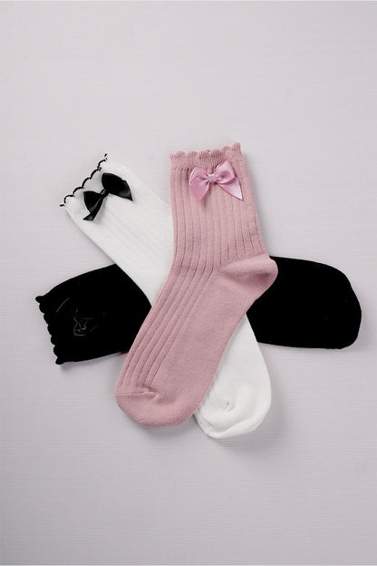 Side Bow Detail Ribbed Crew Socks