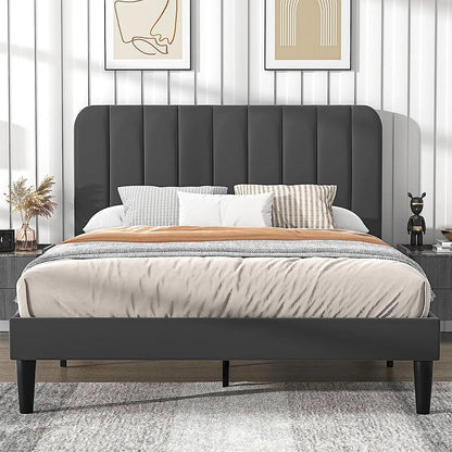 Queen size Dark Grey Upholstered Platform Bed Frame with Headboard