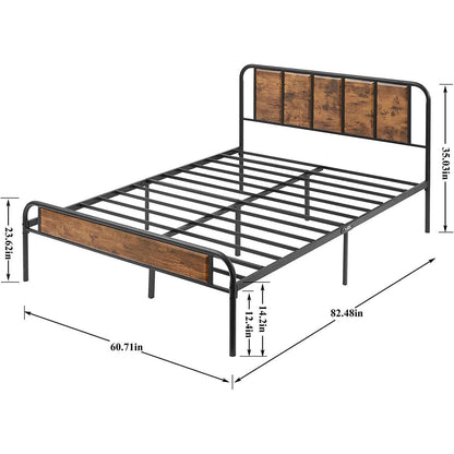 Queen Industrial Wood Metal Platform Bed Frame with Rounded Headboard Footboard