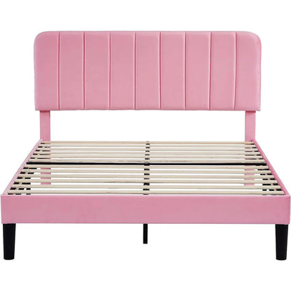 Queen size Pink Upholstered Platform Bed Frame with Headboard