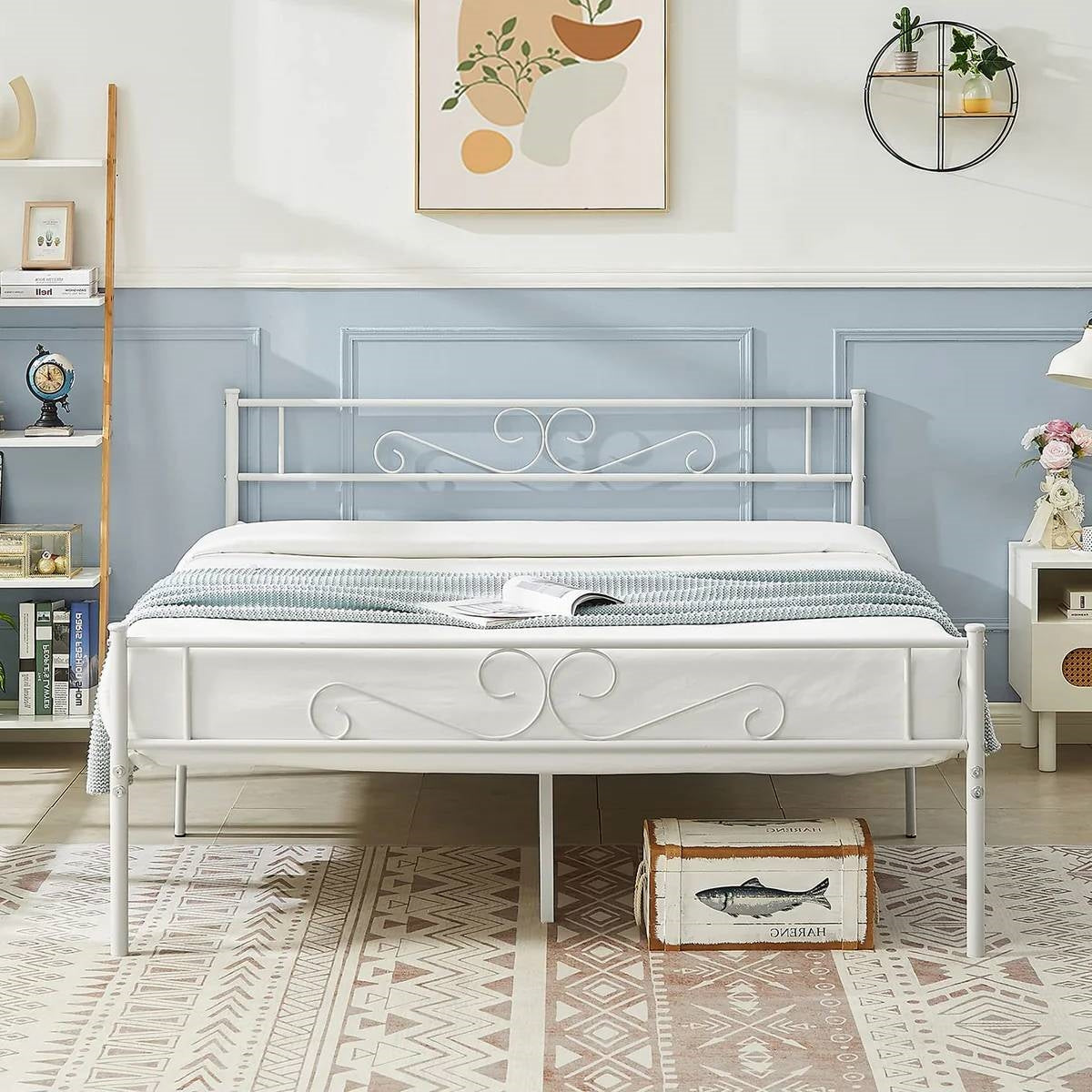 Queen White Metal Platform Bed Frame with Headboard and Footboard