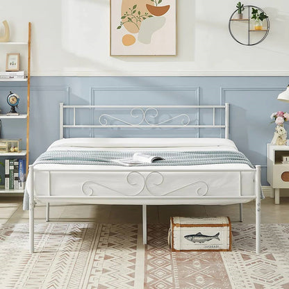 Queen White Metal Platform Bed Frame with Headboard and Footboard