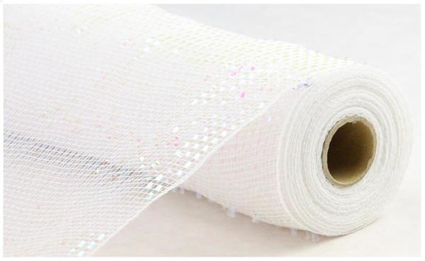 10"X10YD DELUXE WIDE FOIL MESH WHITE W/WHITE IRID FOIL