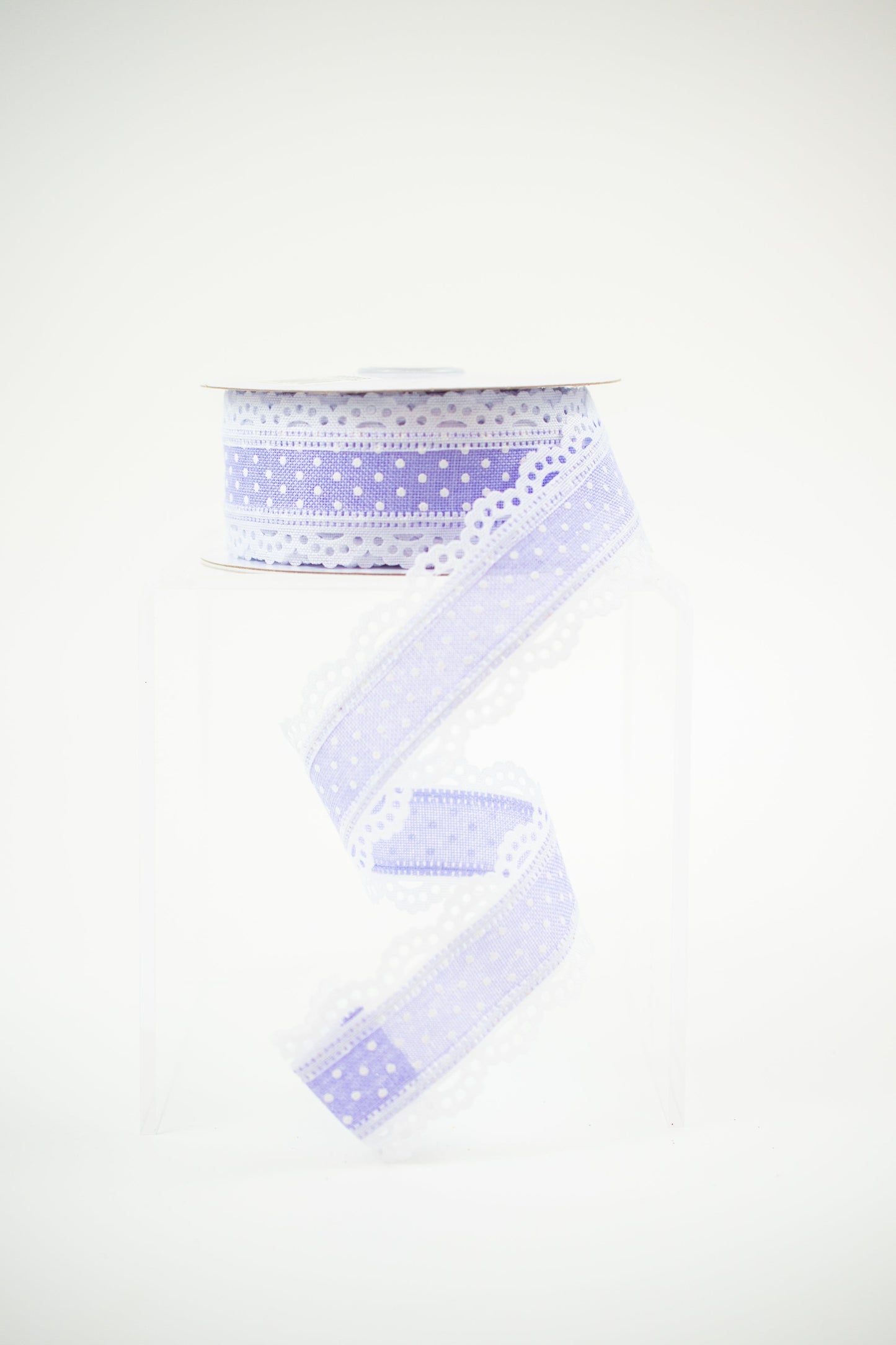 1.5" x 10yd Raised Swiss Dots W/Lace Light Lavender with White