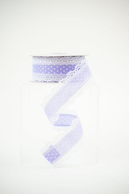 1.5" x 10yd Raised Swiss Dots W/Lace Light Lavender with White