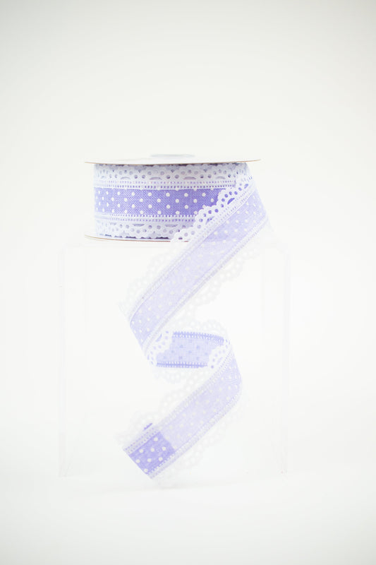 1.5" x 10yd Raised Swiss Dots W/Lace Light Lavender with White