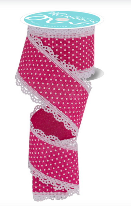 2.5" x 10yd Raised Swiss Dots W/Lace Hot Pink