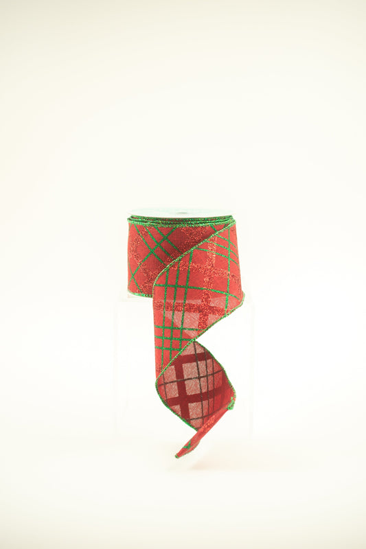 2.5"X10YD GLITTER DIAGONAL PLAID/ROYAL Color: BURGUNDY/RED/EMERALD