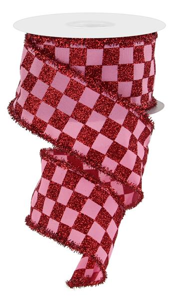 2.5"X10YD GLITTERED CHECK/PG/TINSEL PINK/RED