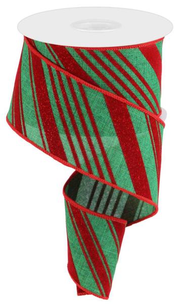 2.5"X10YD GLITTER VELVET DIAG STRIPES EMERALD GREEN/RED