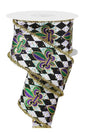 2.5"X10YD FLEUR DE LIS HARLEQUIN/TNSL BLACK/WHITE/MARDI GRAS