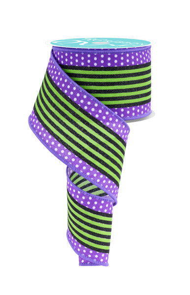 2.5"X10YD VERTICAL STRIPE/POLKA DOT EDGE WHT/PURPLE/LIME GRN/BLACK