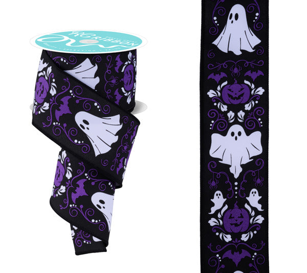 2.5"X10YD HALLOWEEN DAMASK WHITE/BLACK/PURPLE
