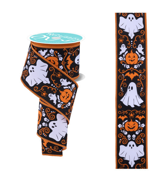 2.5"X10YD HALLOWEEN DAMASK WHITE/BLACK/ORANGE