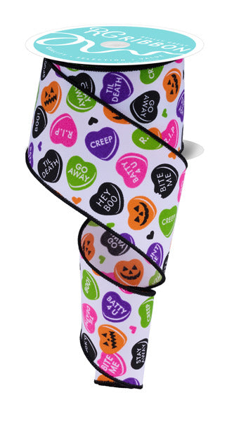 2.5"X10YD HALLOWEEN CANDY HEARTS WHT/ORNG/PNK/PRPL/LIME