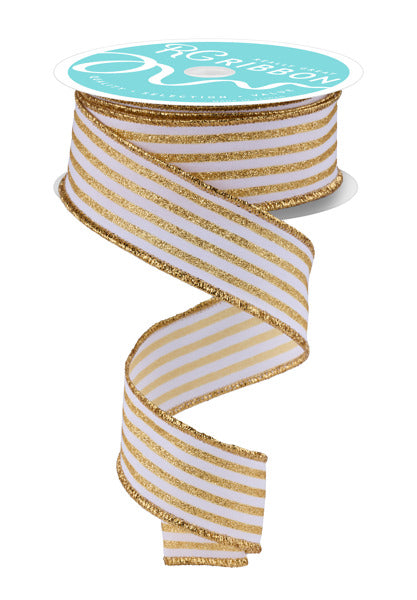 1.5"X10YD GLITTER VERTICAL STRIPE WHITE/GOLD