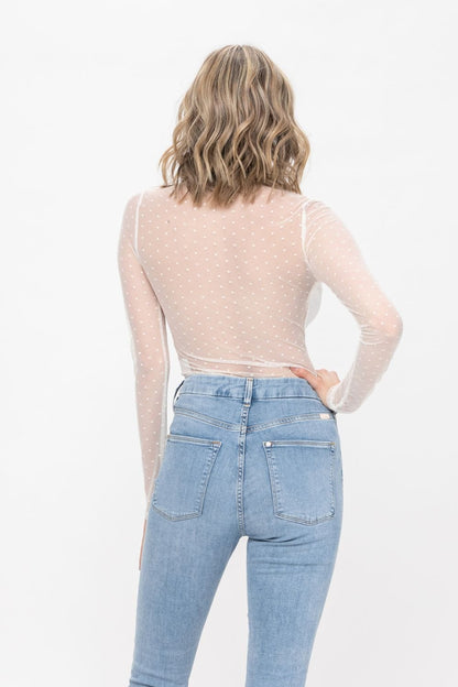 Long Sleeve Slim Fit See-Through Polka dot Mesh Bodysuit | Apparel | Kitchen + Metal