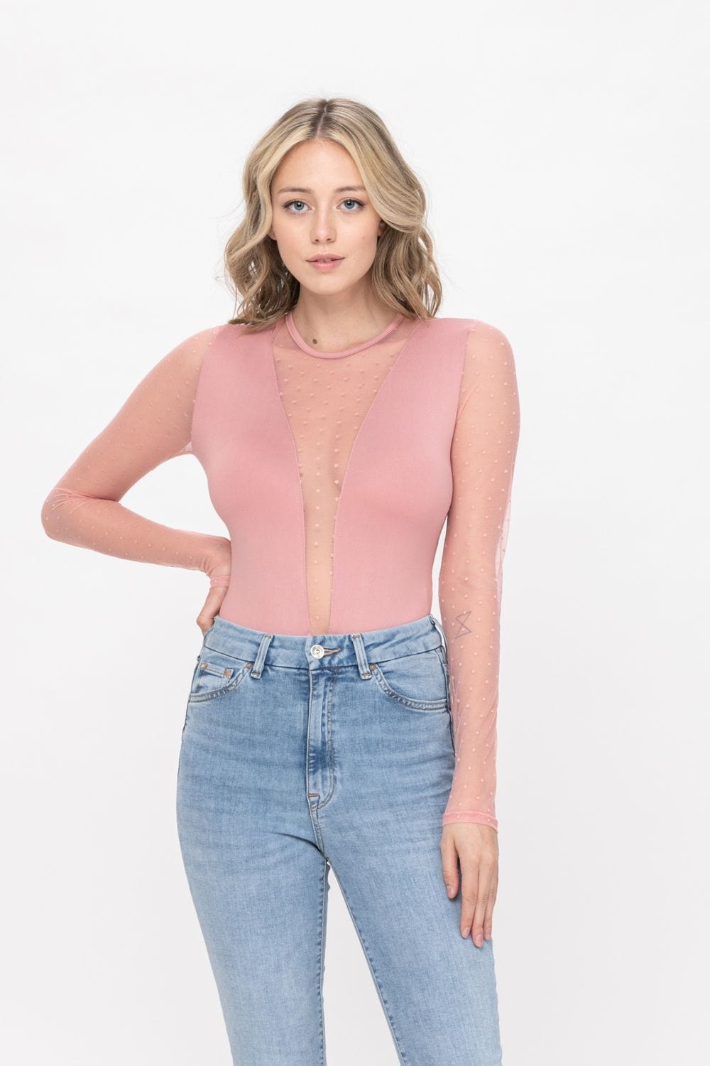 Long Sleeve Slim Fit See-Through Polka dot Mesh Bodysuit | Apparel | Kitchen + Metal