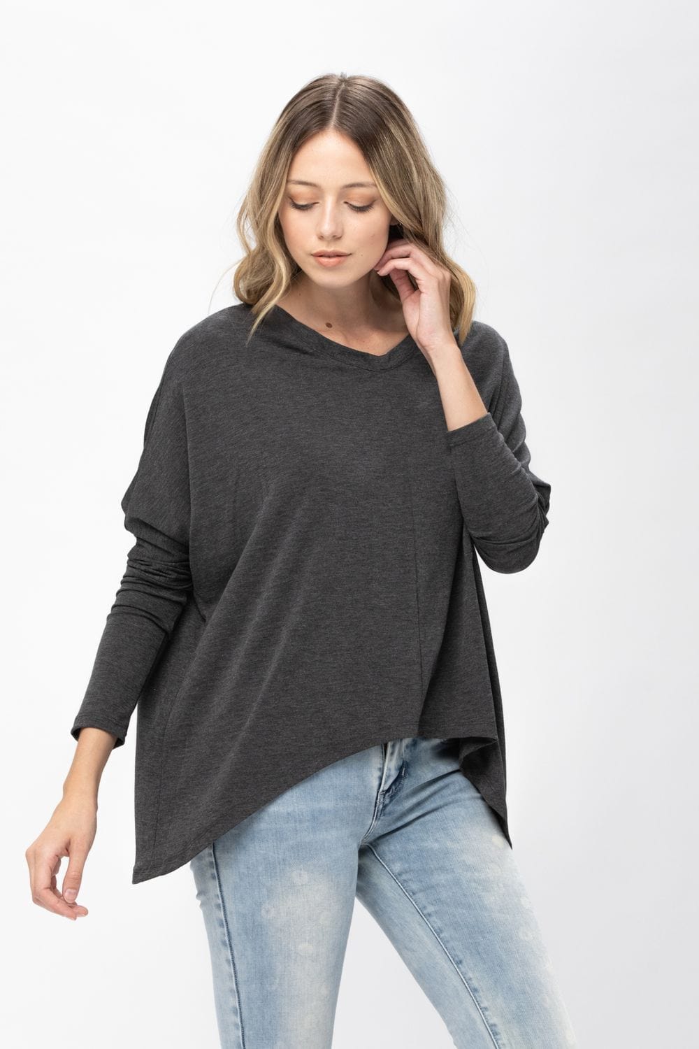 Knit Tunic Blouse Dolman Sleeve Oversized Curved-Hem Asymmetrical Tops | Apparel | Kitchen + Metal