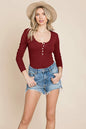 Long Sleeve Scoop Neck Ribbed Knit Henley Bodysuit | Apparel | Kitchen + Metal