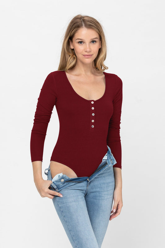 Long Sleeve Sexy Scoop Neck Tank Top Button Down Ribbed Bodysuits | Apparel | Kitchen + Metal