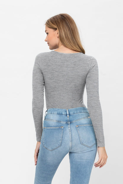 Long Sleeve Sexy Scoop Neck Tank Top Button Down Ribbed Bodysuits | Apparel | Kitchen + Metal