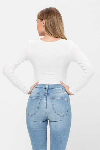 Long Sleeve Sexy Scoop Neck Tank Top Button Down Ribbed Bodysuits | Apparel | Kitchen + Metal
