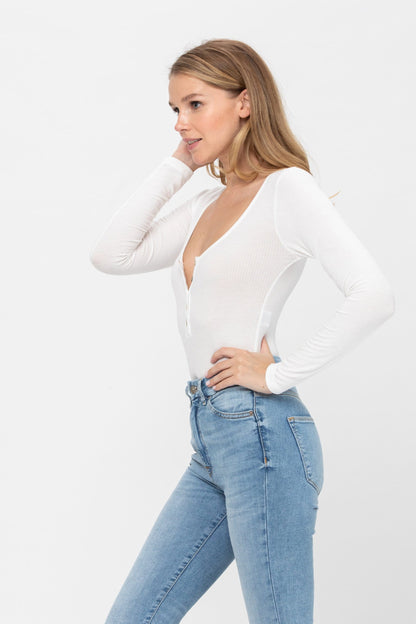 Long Sleeve Sexy Scoop Neck Tank Top Button Down Ribbed Bodysuits | Apparel | Kitchen + Metal