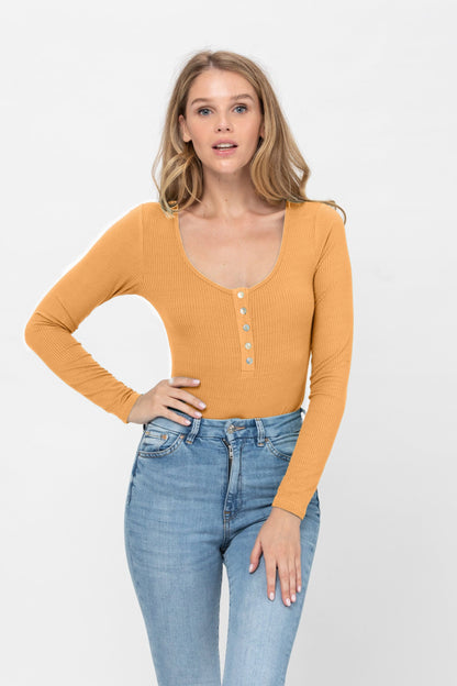 Long Sleeve Sexy Scoop Neck Tank Top Button Down Ribbed Bodysuits | Apparel | Kitchen + Metal