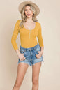 Long Sleeve Scoop Neck Ribbed Knit Henley Bodysuit | Apparel | Kitchen + Metal