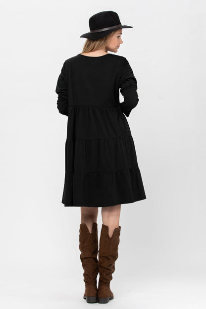 Long Sleeve 3 Tiered Casual Flared Cotton Mini Dress | Apparel | Kitchen + Metal