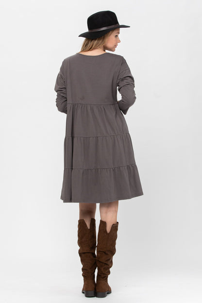 Long Sleeve 3 Tiered Casual Flared Cotton Mini Dress | Apparel | Kitchen + Metal