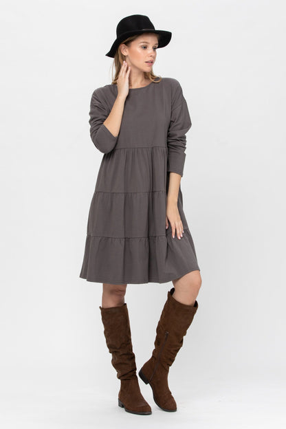 Long Sleeve 3 Tiered Casual Flared Cotton Mini Dress | Apparel | Kitchen + Metal