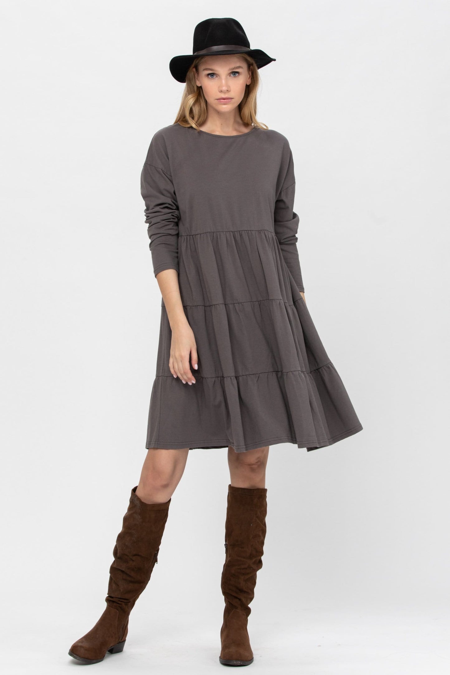 Long Sleeve 3 Tiered Casual Flared Cotton Mini Dress | Apparel | Kitchen + Metal
