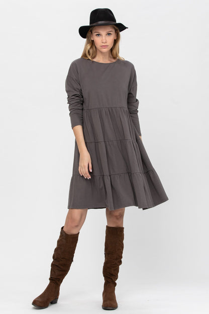 Long Sleeve 3 Tiered Casual Flared Cotton Mini Dress | Apparel | Kitchen + Metal