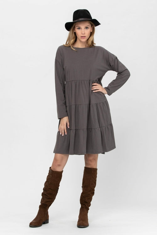 Long Sleeve 3 Tiered Casual Flared Cotton Mini Dress | Apparel | Kitchen + Metal