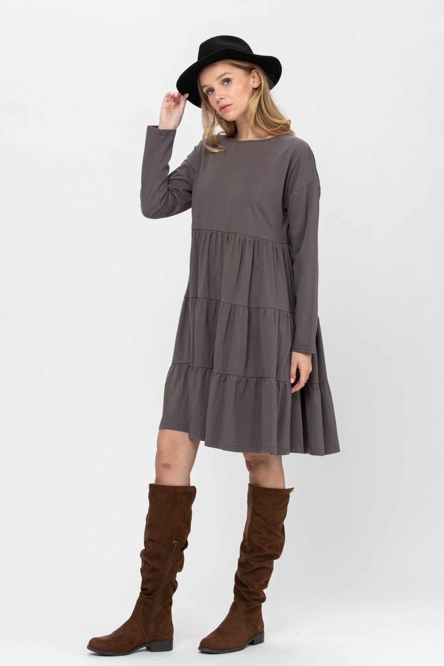 Long Sleeve 3 Tiered Casual Flared Cotton Mini Dress | Apparel | Kitchen + Metal