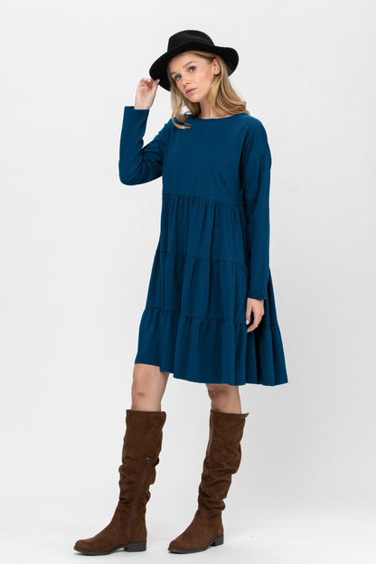 Long Sleeve 3 Tiered Casual Flared Cotton Mini Dress | Apparel | Kitchen + Metal